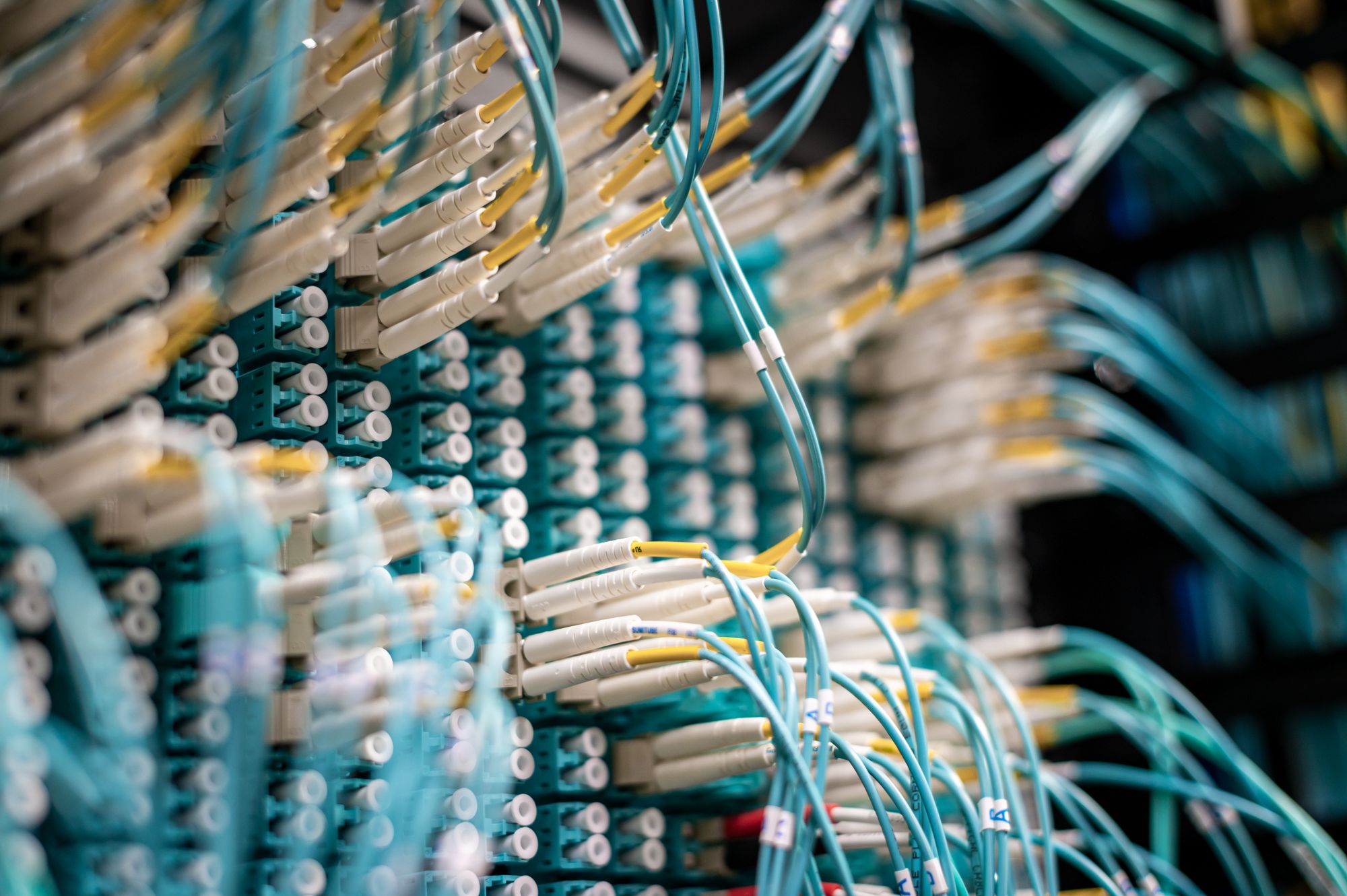 Densely populated fibre distribution frame with LC connectors and aqua OM3 patch cords
